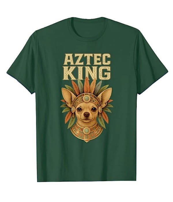 camiseta original de un perro chihuahua con adornos cultura aztteca de México
