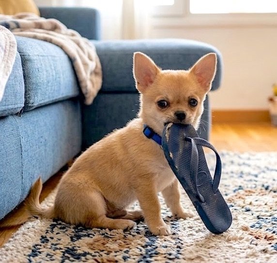 como educar a un chihuahua. Perro chihuahua mordiendo una chancleta